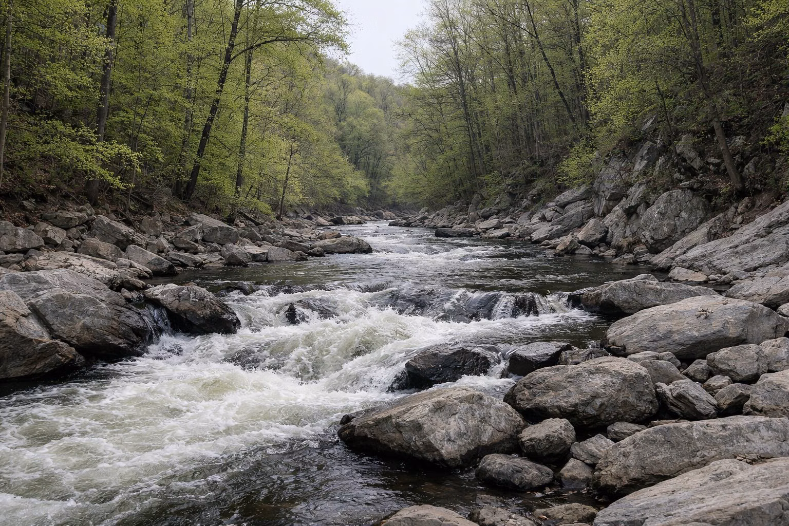 A free-flowing river riffle through a narrow wooded gorge, white water over rocks, fresh green leaves on steep banks