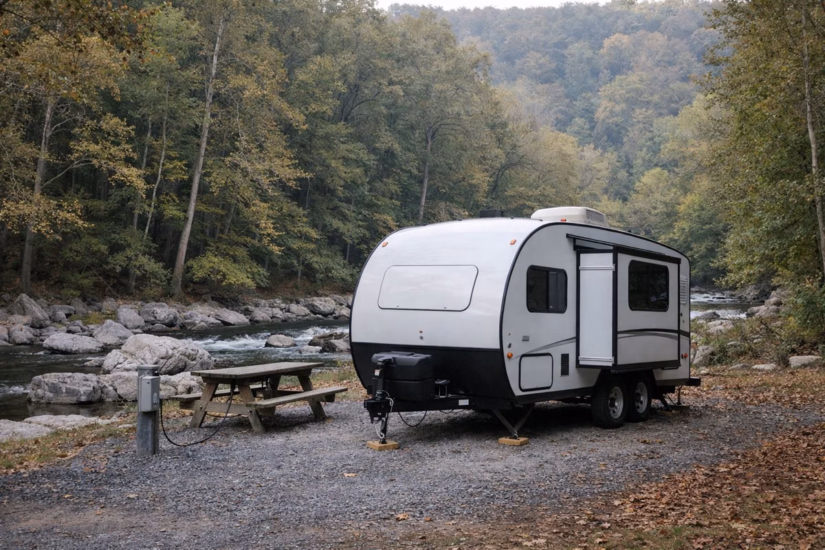 A small camper trailer parked on a gravel camping pad in the woods beside an electric hookup post and a picnic table