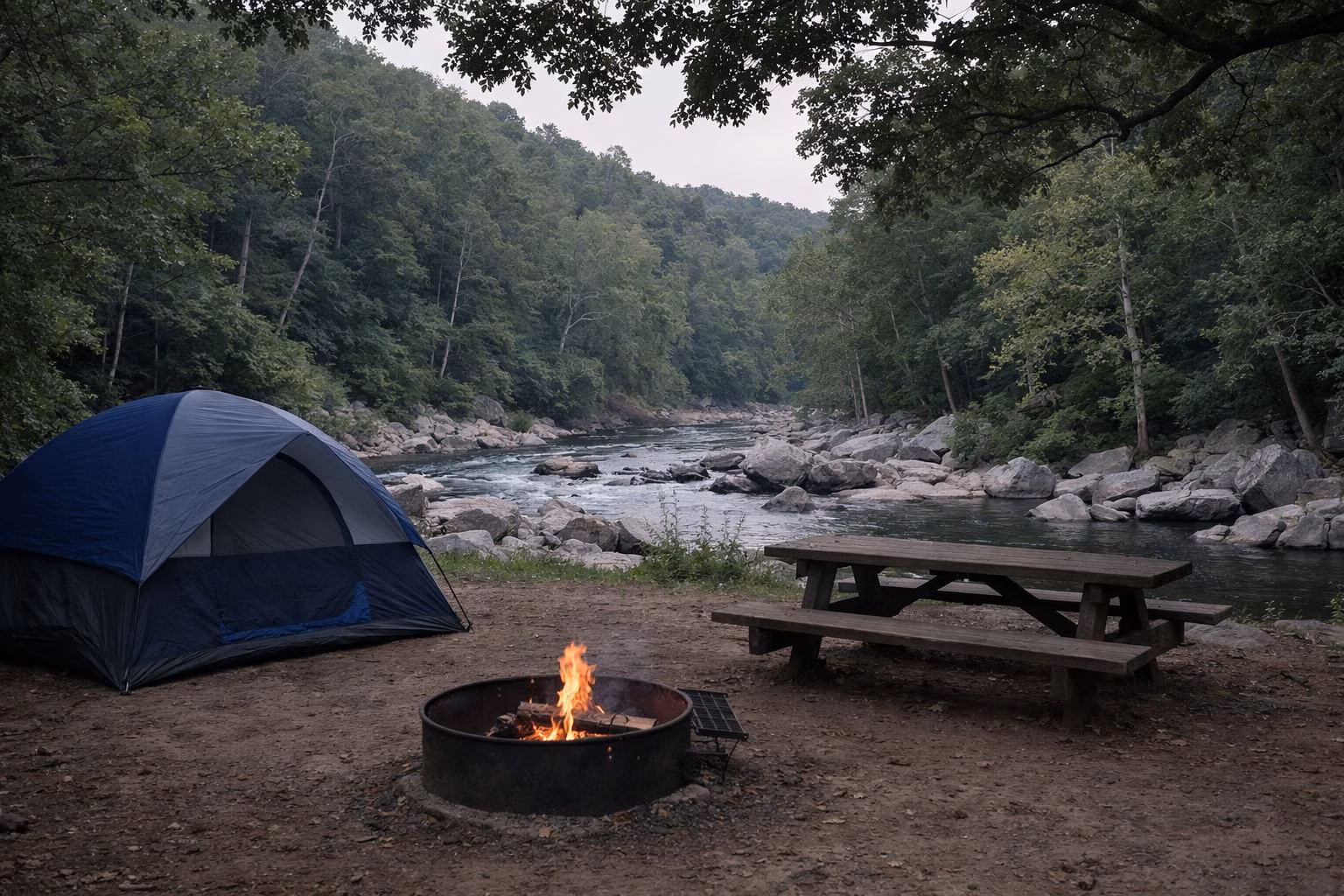 A tent campsite under oaks with a wooden picnic table and a steel fire ring, a small campfire glowing, no people