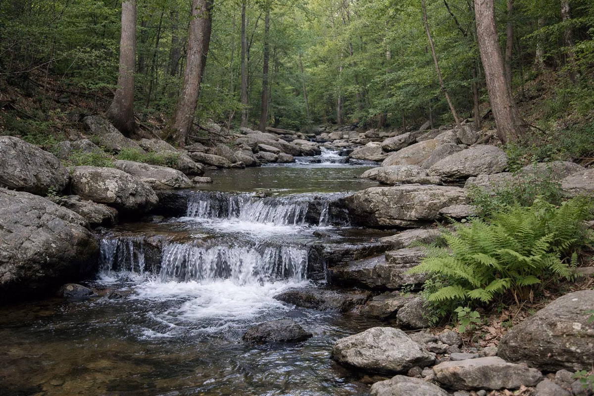A small stream tumbling over stepped rock ledges in a shady hardwood forest, ferns along the banks