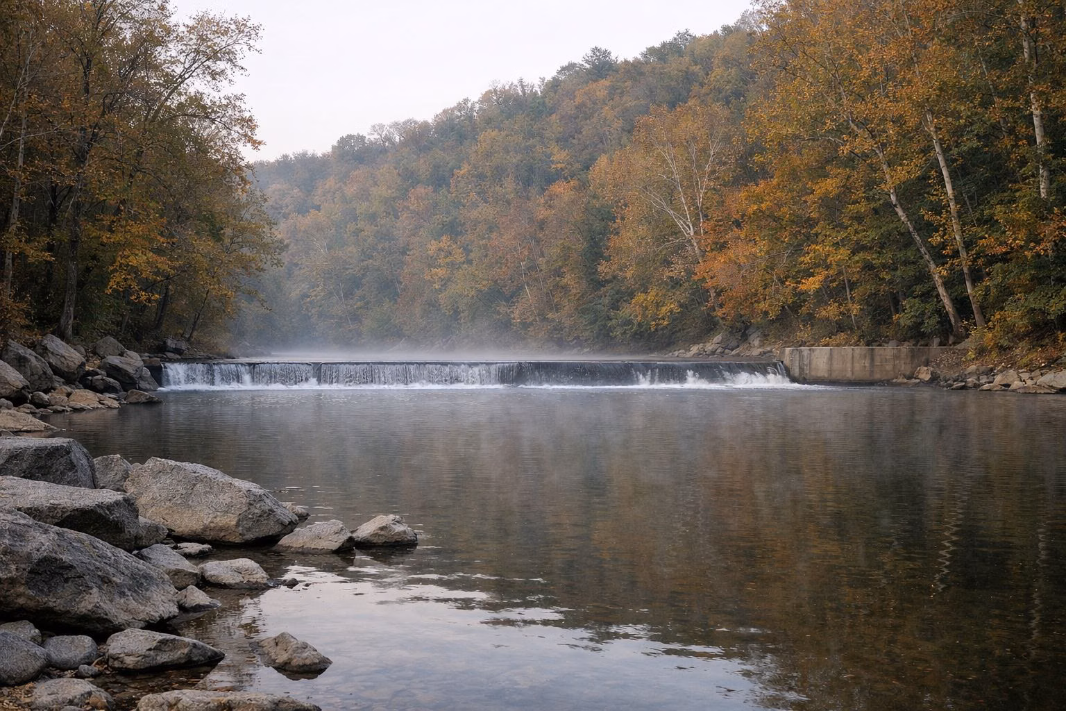 A wide calm flat-water stretch of river above a low concrete dam spillway, mist on the water, wooded banks in fall color