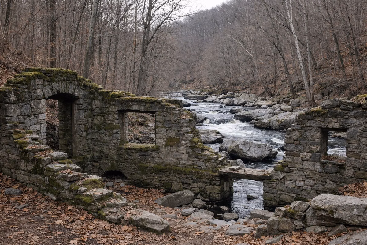 Moss-covered stone wall ruins of an old mill building in the woods near a river, bare trees and fallen leaves