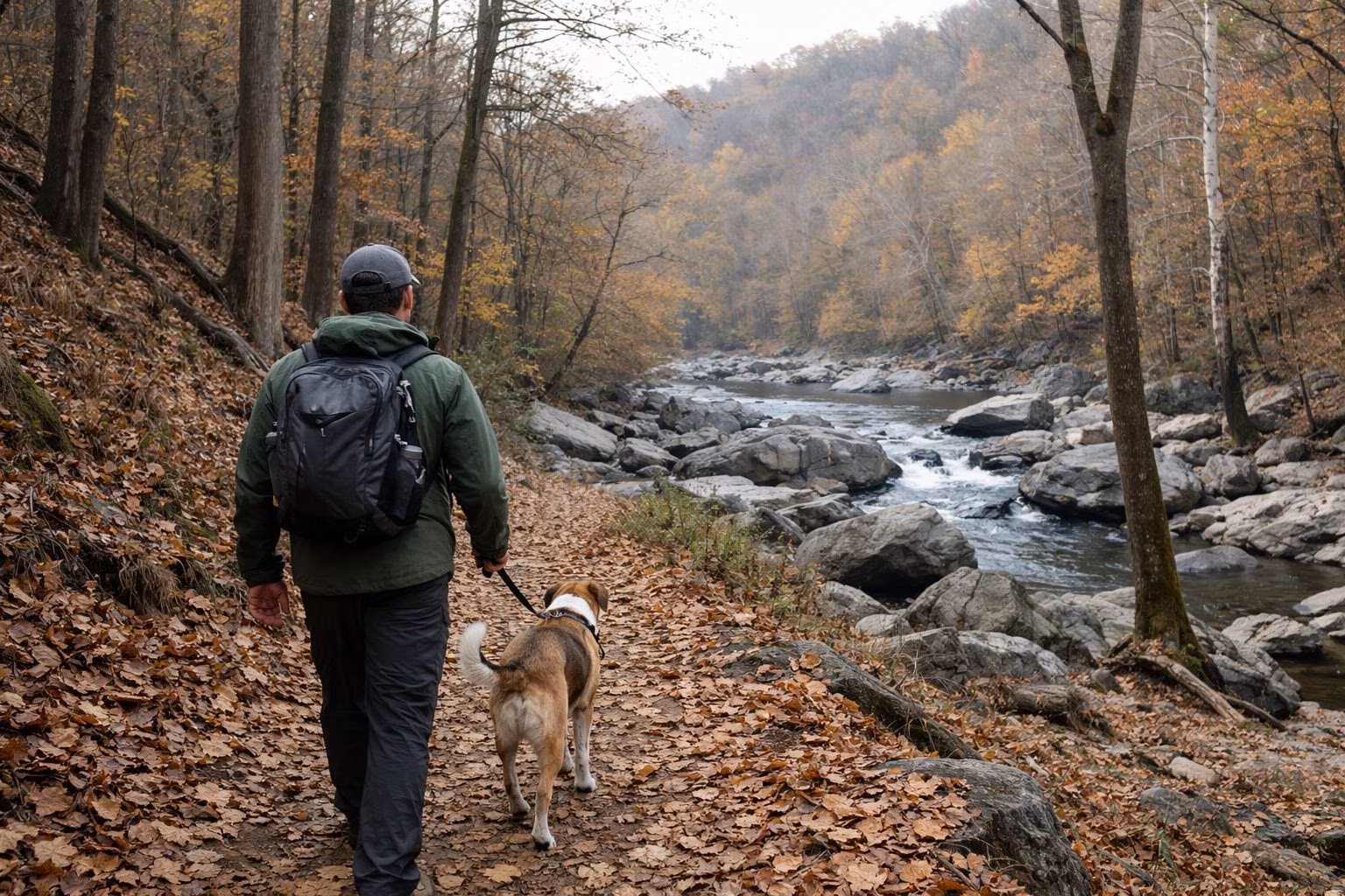 A hiker seen from behind walking a leashed medium-size dog on a leaf-covered forest trail among tall hardwoods