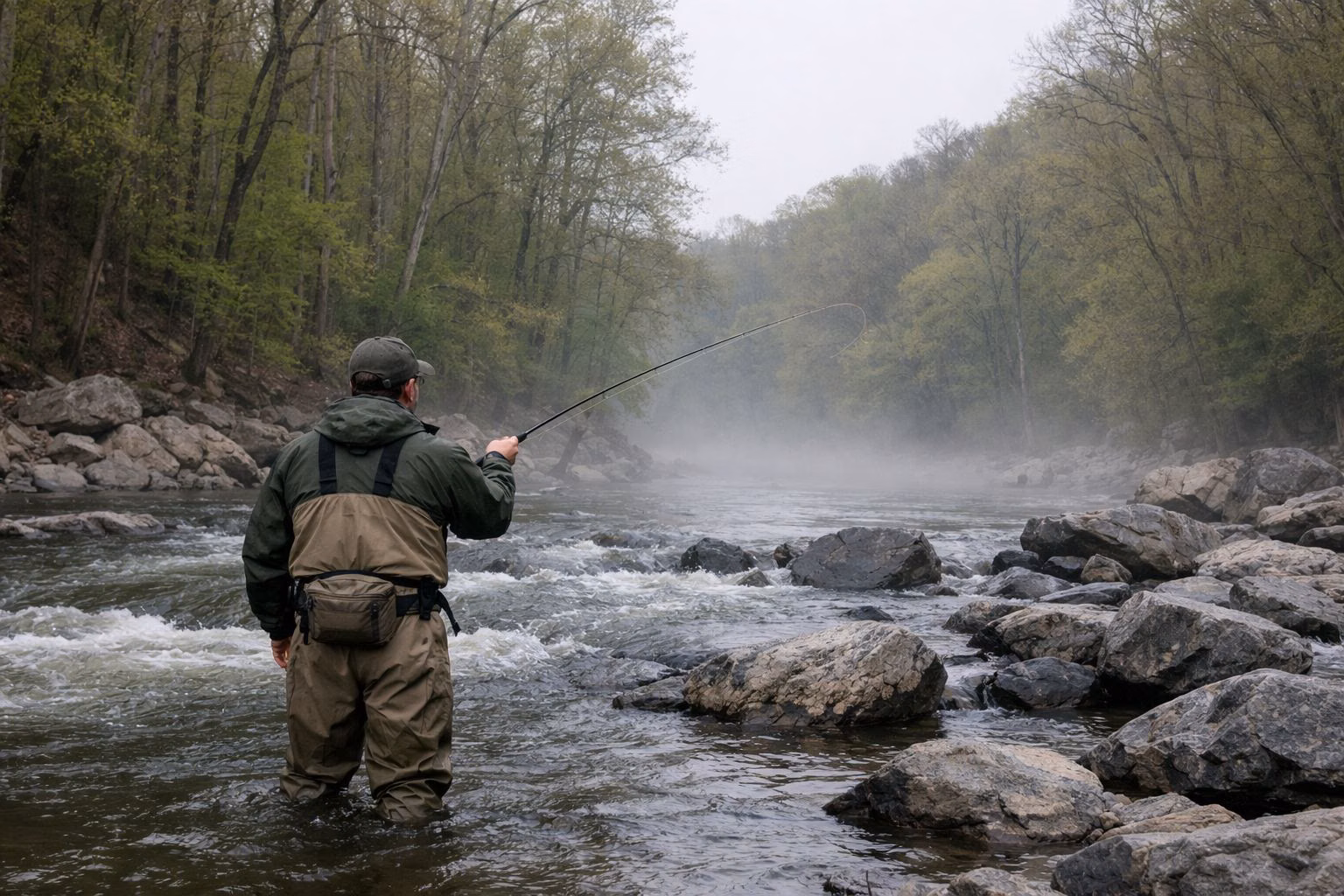 An angler in waders casting a fly rod in a rocky river riffle, seen from behind, mist over the water, wooded banks