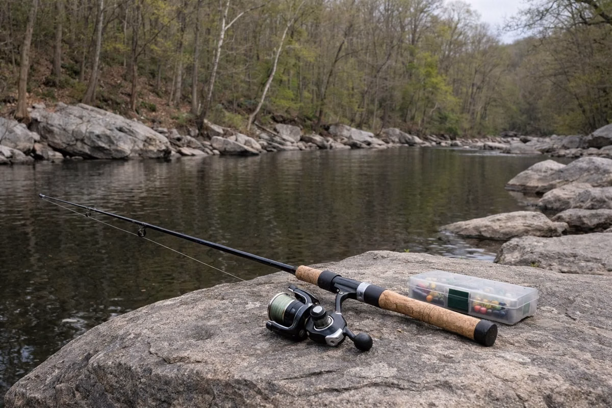 A spinning rod and small tackle box resting on a flat river rock beside a deep slow pool, wooded bank behind
