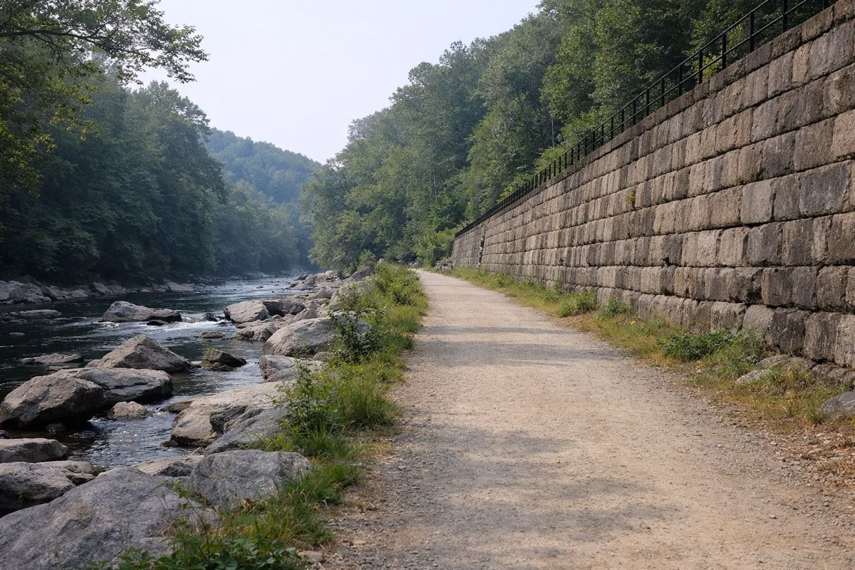 A wide riverside trail beside a tall old granite-block retaining wall holding up a railroad embankment, river on the other side