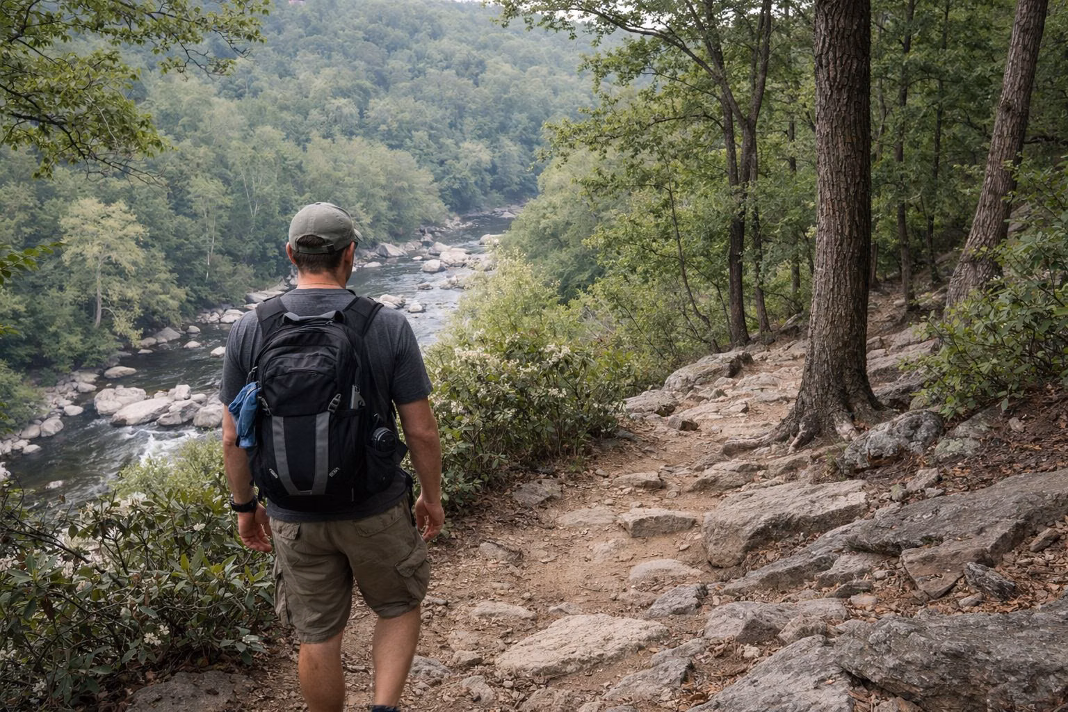 A hiker seen from behind on a rocky dirt trail along a wooded ridge of oaks and mountain laurel, valley visible through the trees