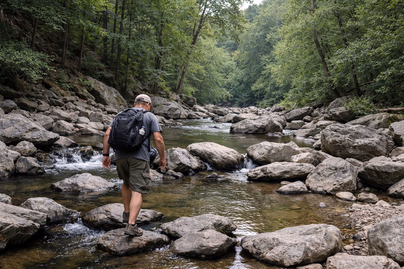 A boulder-strewn forest stream with clear shallow pools, a hiker seen from behind stepping across stones