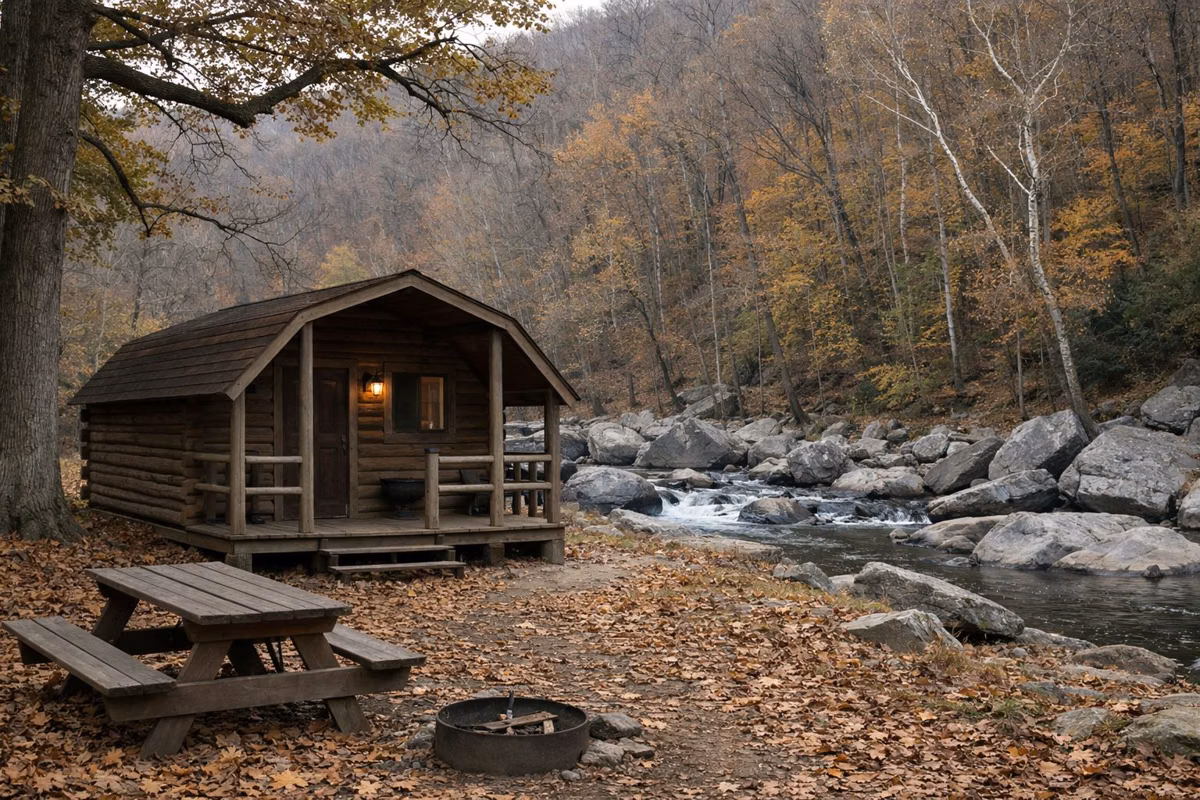 A small rustic one-room wooden camper cabin with a little front porch and a picnic table, set among oaks with fallen leaves