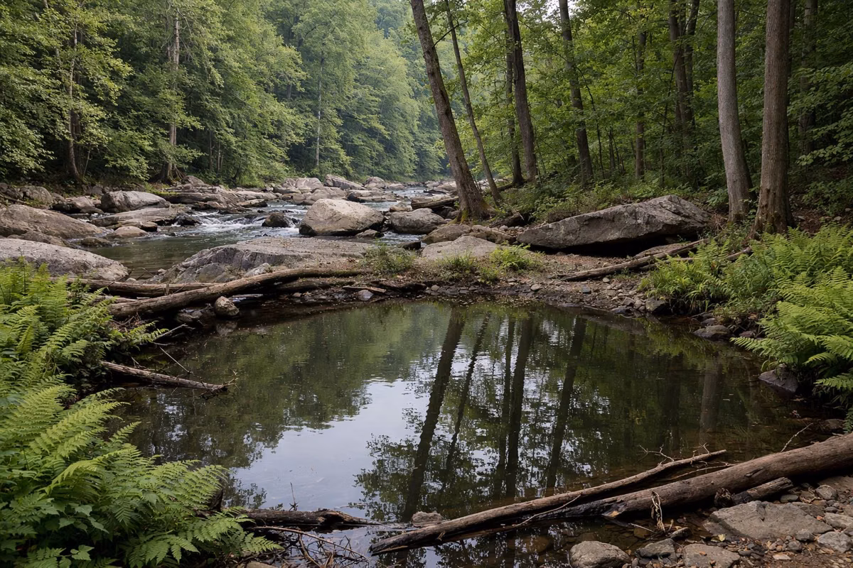 A small still woodland pond edged with ferns and fallen branches, tall hardwoods reflected in the water