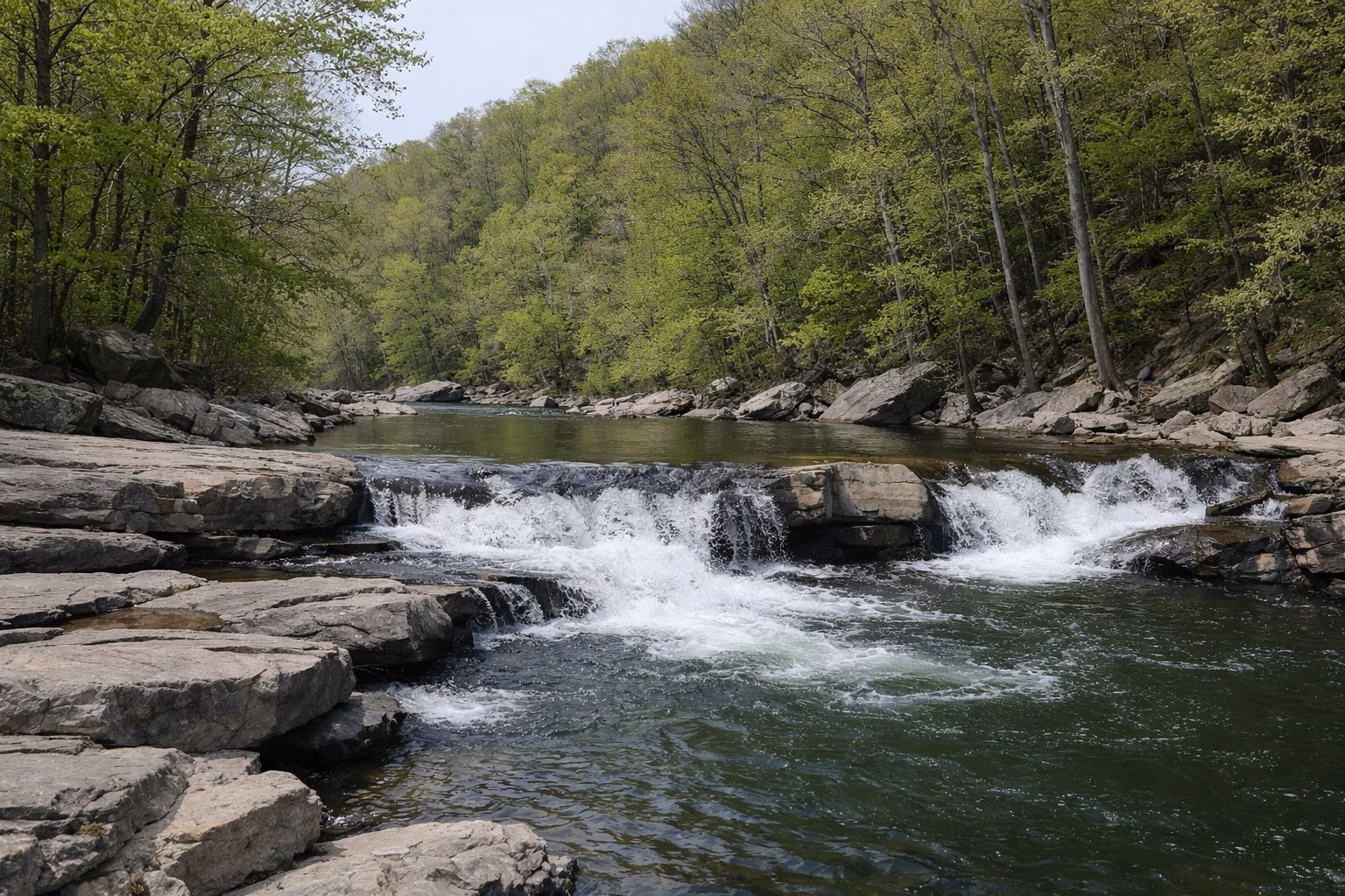 River rapids cascading over broad gray gneiss rock ledges into a deep green pool, wooded banks, bright fresh spring leaves