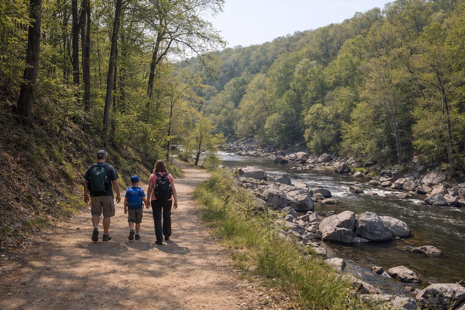 A family of three hiking a wide dirt trail through a sunlit spring forest, seen from behind, small in the frame