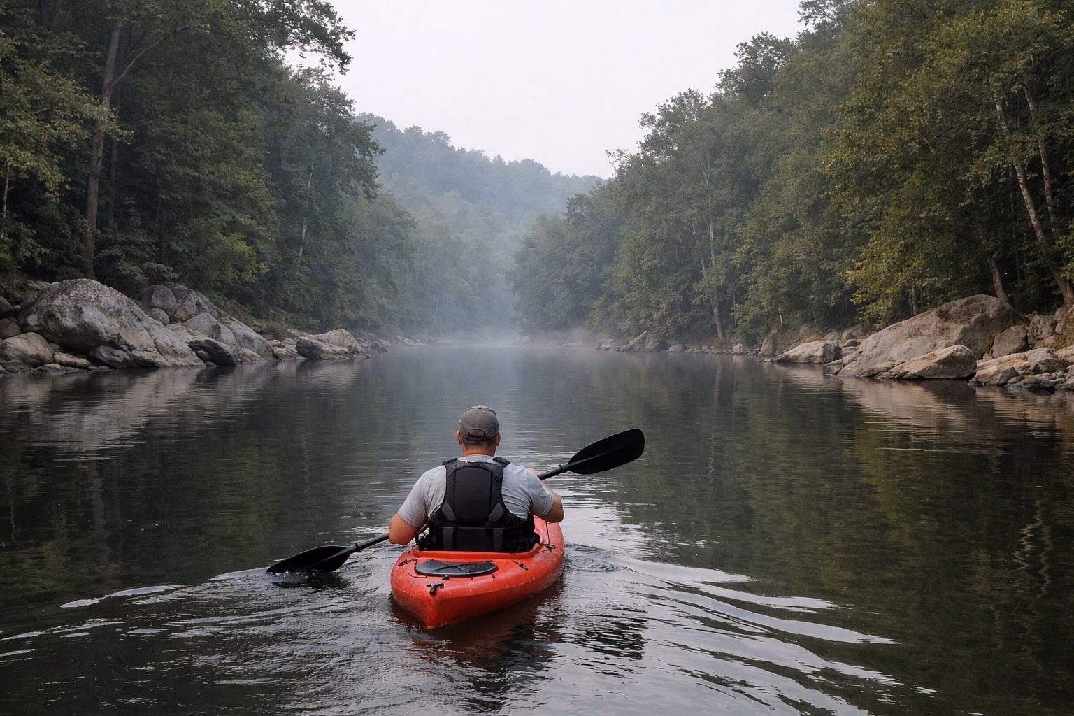 A lone kayaker paddling on calm flat river water between wooded banks, light mist