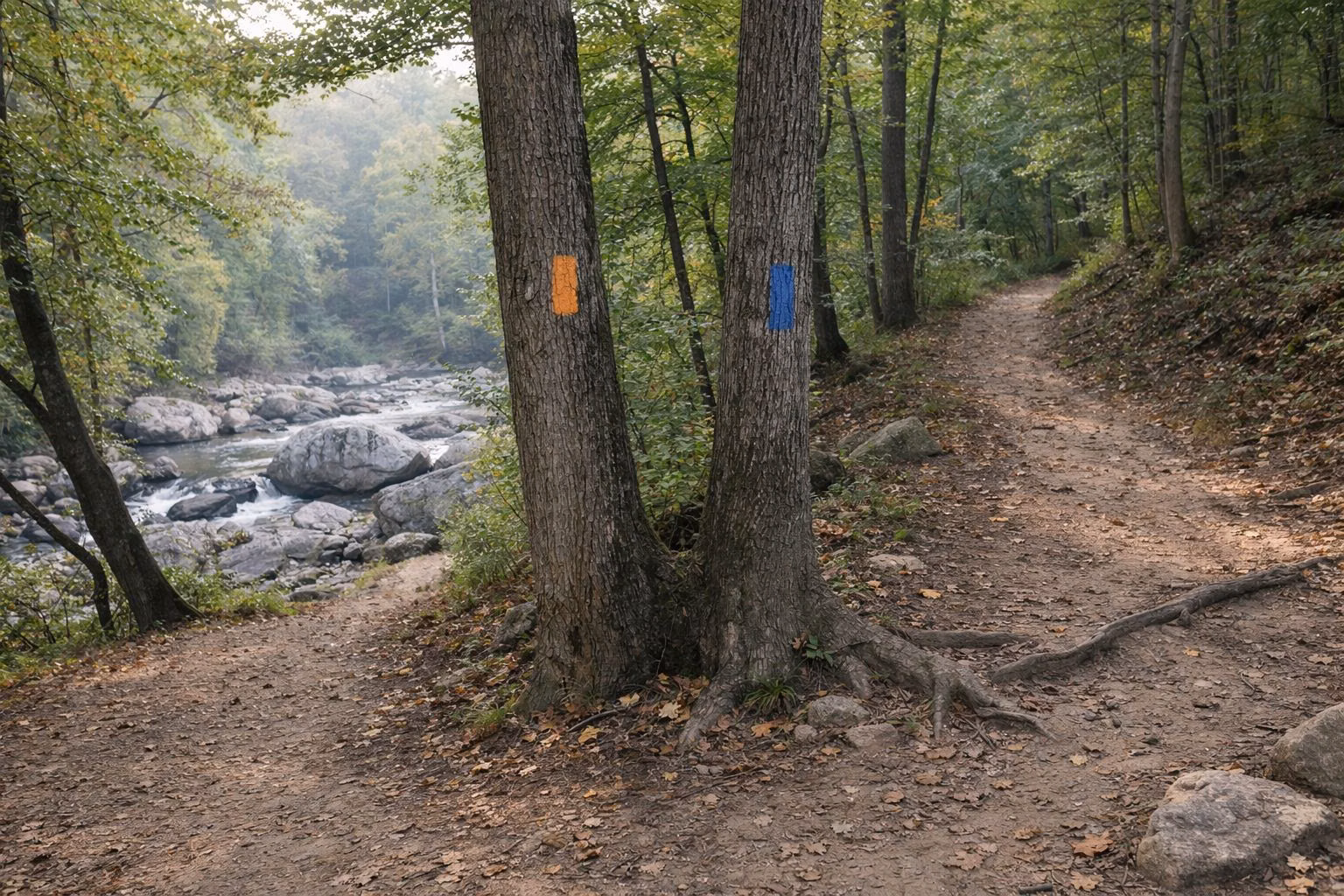 A trail junction in a hardwood forest, two dirt paths splitting, small colored paint blazes on tree trunks, no text